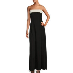Marina Elegant Black Knit Strapless Dress Wide White Satin Trim Midi Women’s  L